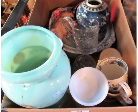 A mixed lot of decorative ceramics and glass, including a Masons Regency mug, Japanese cracked ice and prunus ginger jar, a c