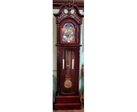 A reproduction mahogany stained longcase clock, having a 31 day movement.