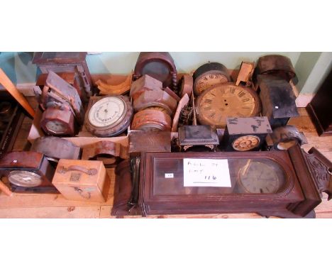 A large quantity of 19th century and other mantle clocks, cases, dials and other components, including a drop-dial clock (Snc