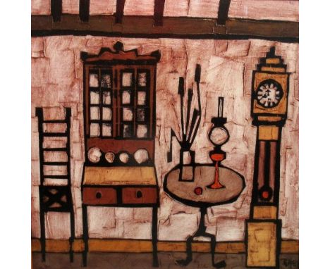 Colin Ruffell (born 1939), an interior still life study with bureau bookcase, chair, occasional table and longcase clock.  Im