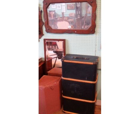 A canvas and wood bound cabin trunk, a robing mirror, an Edwardian oak wall mirror with bevelled octagonal plate and a Lloyd 