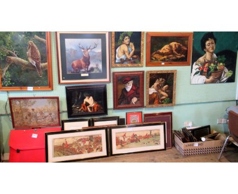 After Sir Edwin Lancier, a framed print, The Monarch of the Glen, together with a loom woven tapestry of Japanese figures in 