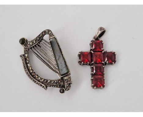 A white metal red stone cross and Irish silver harp brooch Dublin