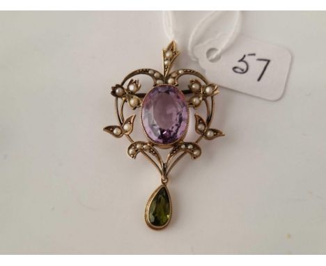 A EDWARDIAN AMETHYST PERIDOT AND PEARL SUFFRAGETTE PENDANT 9CT BOXED  