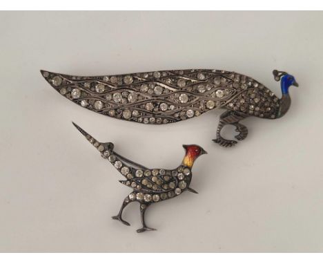 Two Edwardian silver paste and enamel brooches of a peacock and a pheasant  