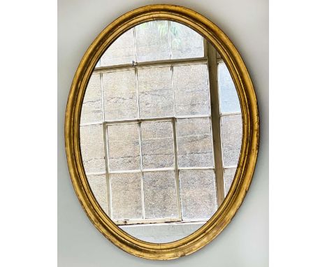 OVAL WALL MIRROR, 112cm H x 87cm W, 19th century, giltwood moulded oval frame. 