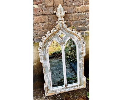 ARCHITECTURAL WALL MIRROR, Gothic Revival style, aged painted finish, 116cm H x 60cm W. 