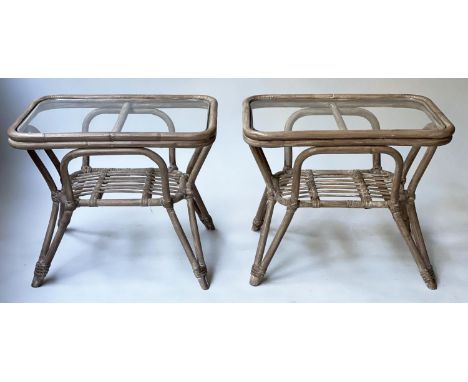 LAMP TABLES, a pair, rattan and cane bound, rounded rectangular glazed, 49cm x 34cm x 41cm H. (2) 