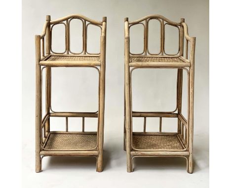 LAMP TABLES, a pair, rattan framed with gallery and two cane panelled shelves, 30cm x 30cm x 68cm H. 