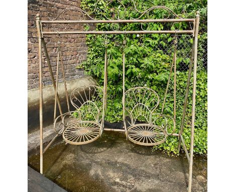 ARCHITECTURAL GARDEN SWING, 185cm W approx., verdigris metal finish. 