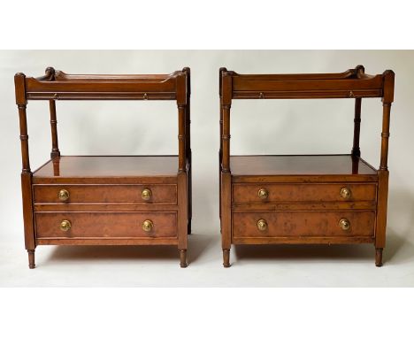 LAMP TABLES, 50cm D x 40cm W x 60cm H, a pair, George III design, yewwood, each with two tiers, two drawers and brushing slid