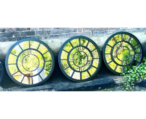 ARCHITECTURAL GARDEN WALL MIRRORS, a set of three, with Roman numeral detail, 80cm diam. (3) 