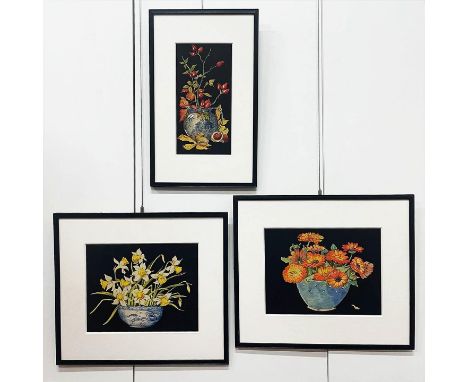 EARLY 20TH CENTURY ART DECO SCHOOL, three still lives of flowers in Chinese vases, two 39cm H x 44cm and other is 45.5cm H x 