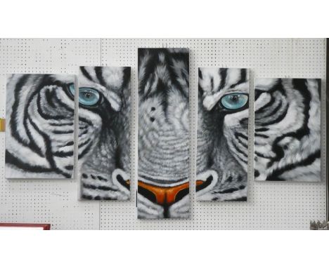 CONTEMPORARY SCHOOL POLYPTYCH, largest panel 92cm x 28cm, of a snow tiger. (5) 