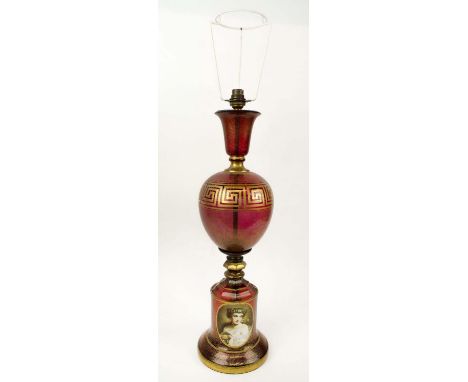 TABLE LAMP, bohemian glass, with gilt Greek key decoration and oval cartouche with portrait of a classical lady, 60cm H. 