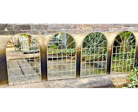 ARCHITECTURAL GARDEN MIRRORS, four, 49cm x 77.5cm, arch tops, aged metal frames. (4) 