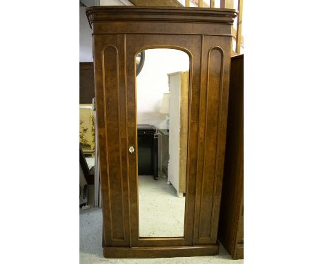 WARDROBE, 204cm H x 120cm W x 49cm D, Victorian burr walnut, with mirrored and side panel door enclosing trays, drawers and h