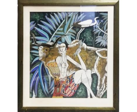 CONTEMPORARY SCHOOL, one 65cm x 60cm, acrylic, Woman with Bull in Forest, with gilt detailing, unsigned, the other 63cm x 73c