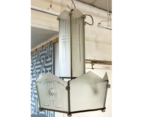 ART DECO CEILING LIGHT, 63cm H x 45cm W, brass with etched glass panels. 