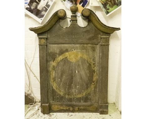 SUNDIAL CLOCK FACE, 92cm W x 130cm H, 19th century with swan neck pediment, traces of original paint and lead cladding. 