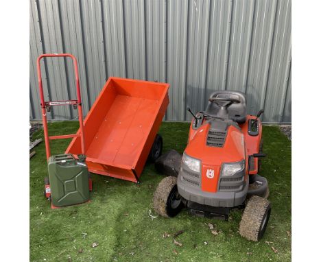Husqvarna TS138 petrol garden tractor with Husqvarna T275 trailer with metal fuel canister and sack barrowCondition Report:La