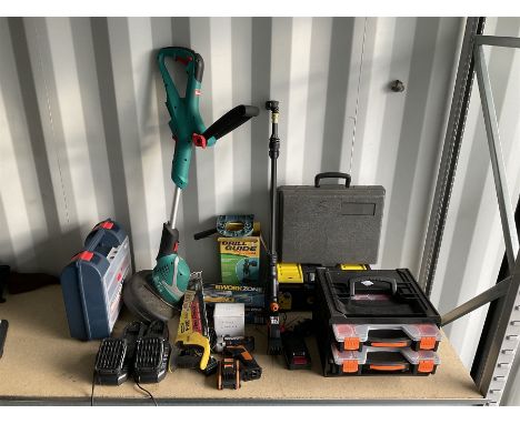 Bosch battery strimmer with four batteries and two chargers, Worx battery drill and pressure washer, (single battery), corded