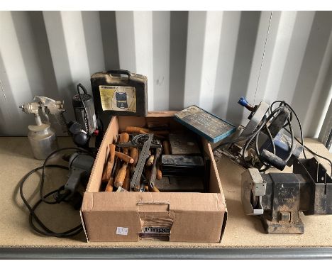 Selection of tools such as wood carving chisels, Tap and Die set, drill bits, grinder set, router, spray gun and othersDimens