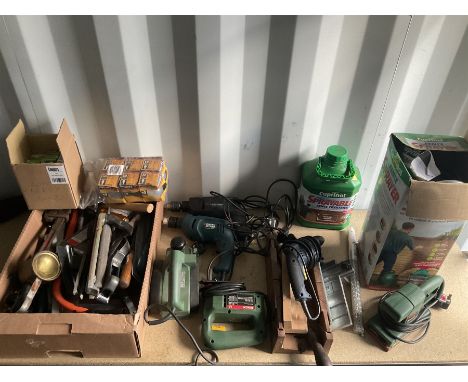 Large quantity of tools, such as electric and other hand tools, fence treatment spray, light bulbs etc