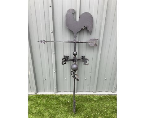 Wrought metal black painted weather vane, cockerel topDimensions: Height:&nbsp;140cm&nbsp; Length/Width:&nbsp;80cm&nbsp;