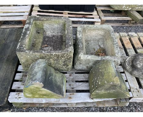 19th century rectangular stone trough, similar trough and two stone cappingsDimensions: Height:&nbsp;30cm&nbsp; Length/Width: