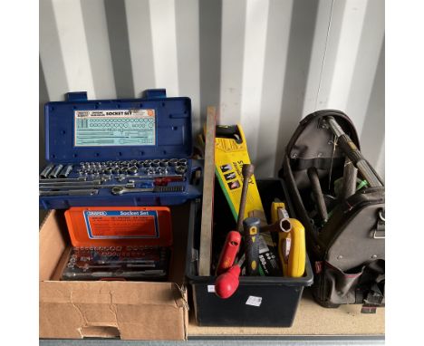 Selection of tools including Stanley tool bag, saws, Drapper socket sets and other