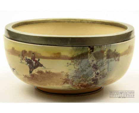 A Royal Doulton earthenware salad bowl, pattern number D2716, printed with a hunting scene, silver plated rim, circa 1910, 21