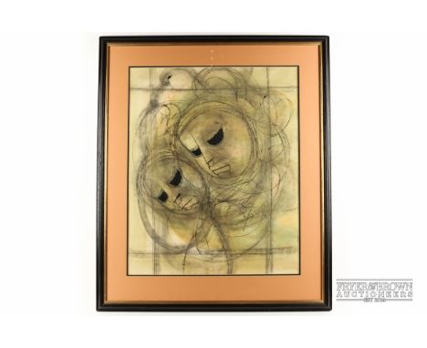 Ben Macala (1937-1997) - modernist portrait of two faces with two birds, mixed media, signed, 50 x 61cm