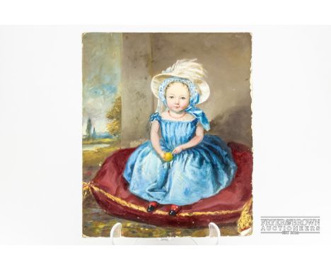 An early 19thC oil on board painting of a aristocratic child in blue dress with bonnet and coral necklace, on a gilt braided 
