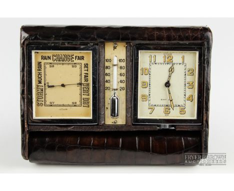 Le Coultre - A good Art Deco crocodile covered Weather Station, composed of an eight day travelling clock, thermometer and ba