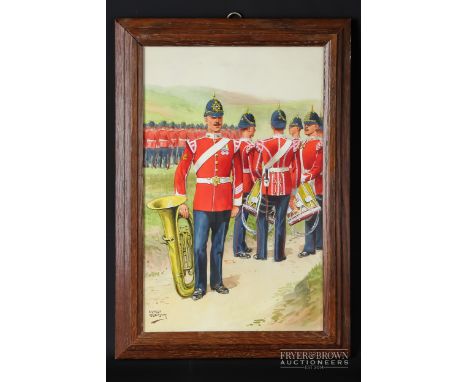 Ernest Ibbetson - 'The Regimental Band', the red tunic bearing a Welsh or Irish regimental harp, ranks of foot soldiers in th