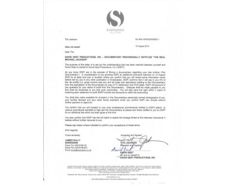 Michael Jackson documentary signed contracts.  Good Condition. All autographs are genuine hand signed and come with a Certifi