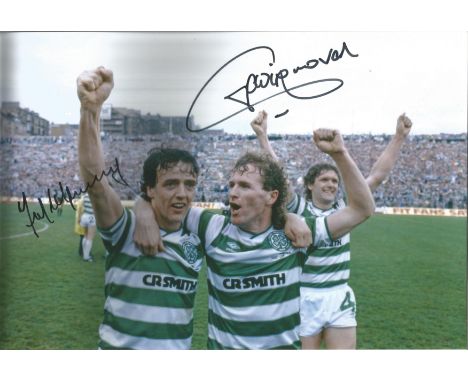 Celtic 1985, Football Autographed 12 X 8 Photo, A Superb Image Depicting Goal Scorers Frank Mcgarvey And Davie Provan Celebra