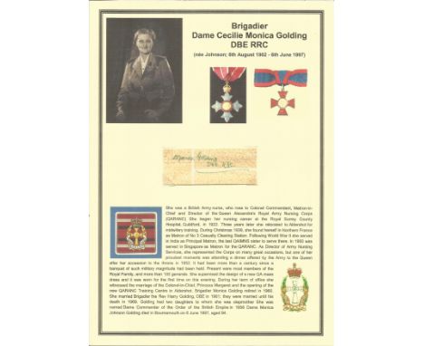 Brigadier Dame Cecilie Monica Golding DBE RRC signed card. She was Colonel Commandant, Matron -in-Chief, Director of the Quee