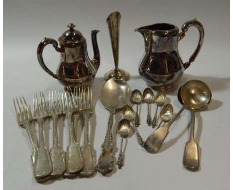 A modern silver specimen vase, a small silver plated coffee pot and a matching jug, various silver plated flatware and a set 