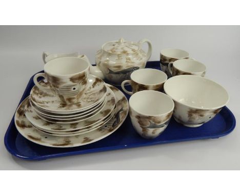 A rare Foley Porcelain Fish pattern tea service, designed by John Armstrong, with hand painted fish decoration and comprising