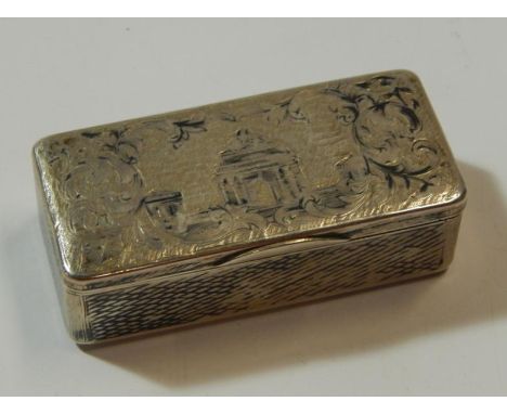 A 19thC Continental silver snuff box, the lid engraved with classical buildings within scroll work border, and hatched decora