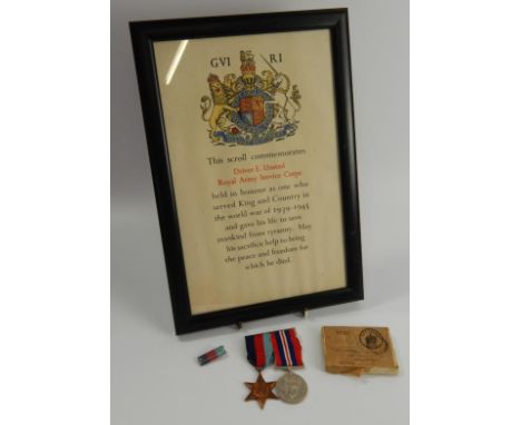 WWII medal pair, comprising 1939-1945 British War Medal and the 1939-1945 Star, and framed commemorative memorial scroll to D