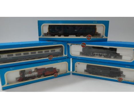 Three Airfix Railways 00 gauge locomotives, and a Passenger Carriage, and an Airfix Railways HO scale locomotive.