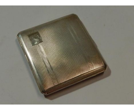 A silver pocket cigarette case, with engine turned decoration, monogrammed intials K J, Birmingham 1947, 2oz,