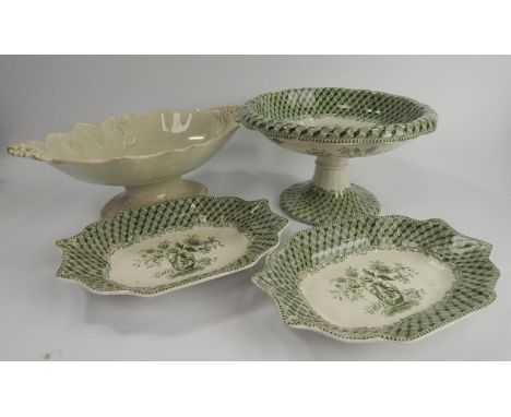 A Copeland & Garrett Late Spode circular comport, with green transfer decoration and two matching shaped oval serving dishes 