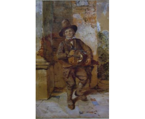 19th Continental School, portrait study of a Hurdy Gurdy boy, watercolour, 53cm x 36cm.