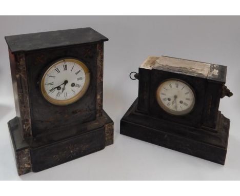 A Victorian eight day mantel clock, in grey slate and marble case with white enamel dial having Roman numerals and Arabic min