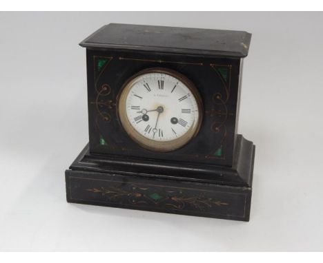 A Victorian eight day mantel clock, in grey slate case inset with malachite and gilt outlines, and with white enamel dial sig