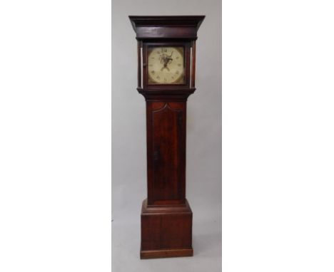 A George III oak longcase clock, with square painted dial and date aperture, painted with a bird amid flowers and painted spa